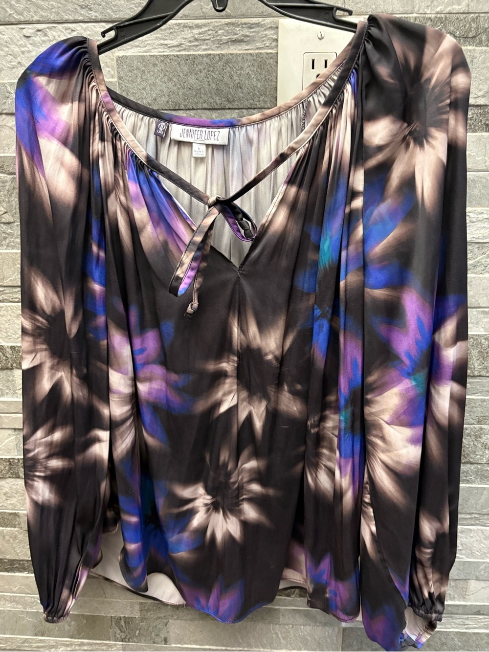 Jennifer Lopez Black Floral Tie-Neck Blouse with Purple & Blue Accents